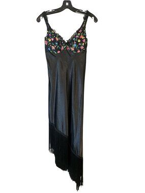 VTG Y2K Victoria’s Secret Floral Black Slip Chemise Fringe Embroidered Lingerie